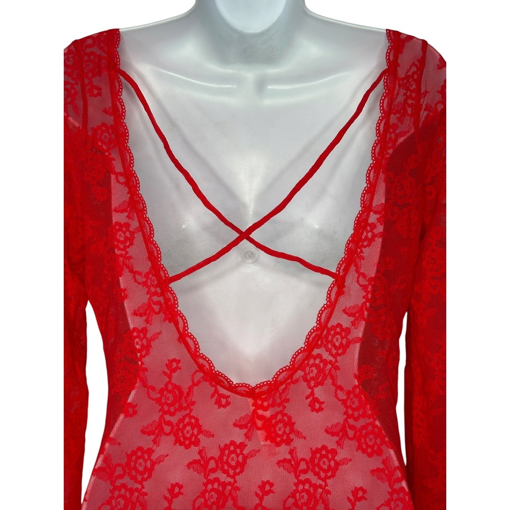 Victoria's Secret Lace Slip Dress Large Red Sheer Backless L/S Mini Nighty - Picture 4 of 8